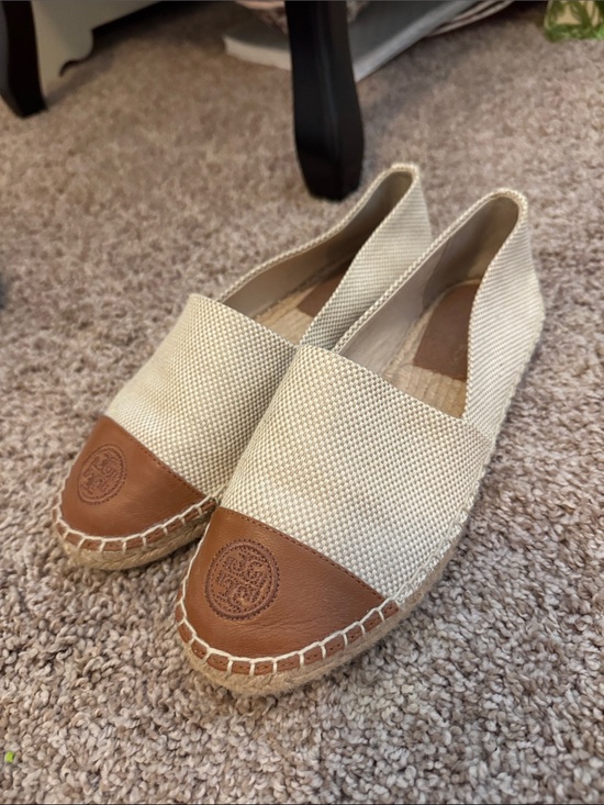 Tory Burch Shoes - Tory Burch Cream Canvas Espadrille Flats with Brown Leather Toe